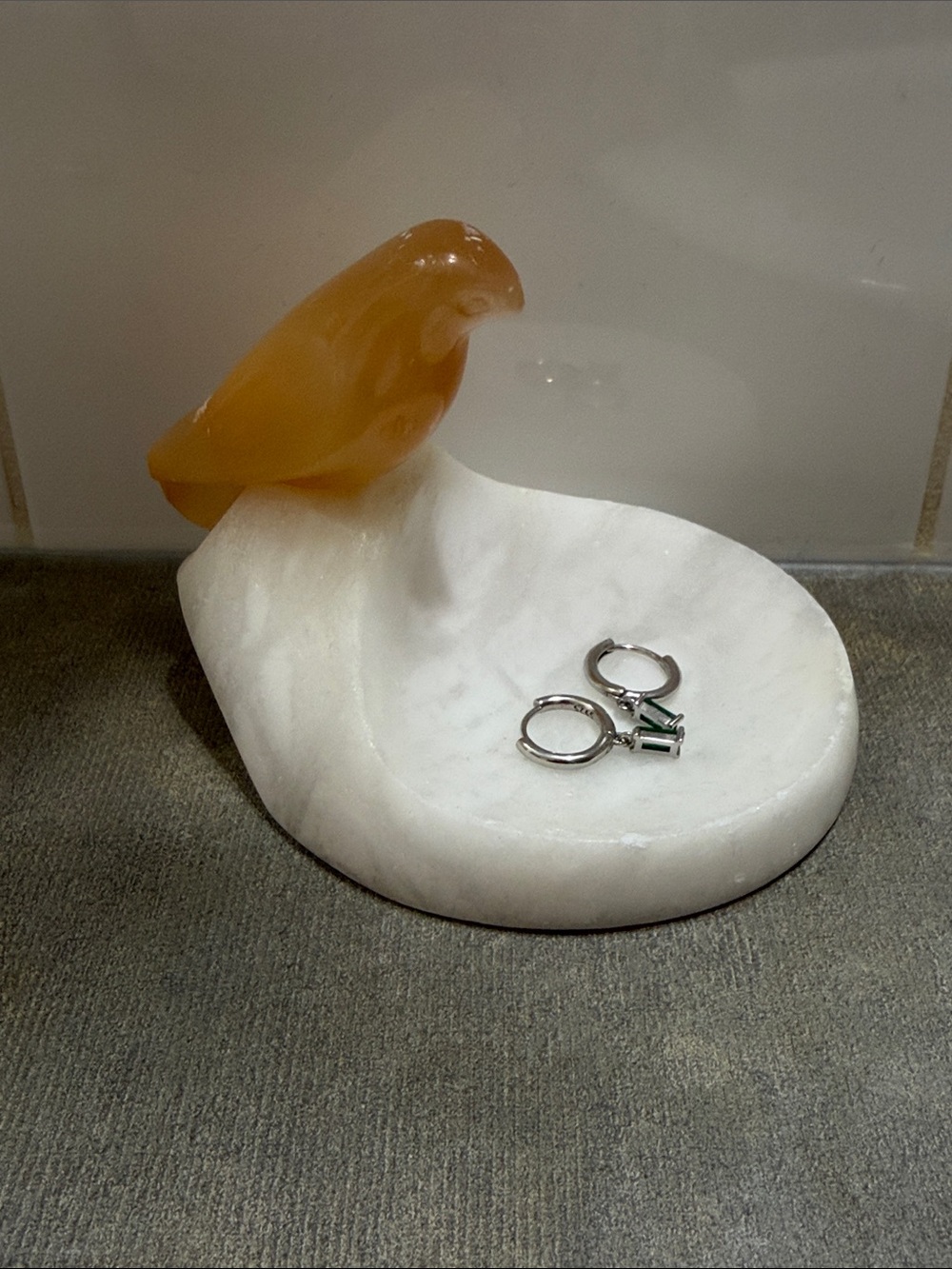 Vintage Russian Folk Art Selenite Stone Ashtray Small Bird Sparrow Figurine